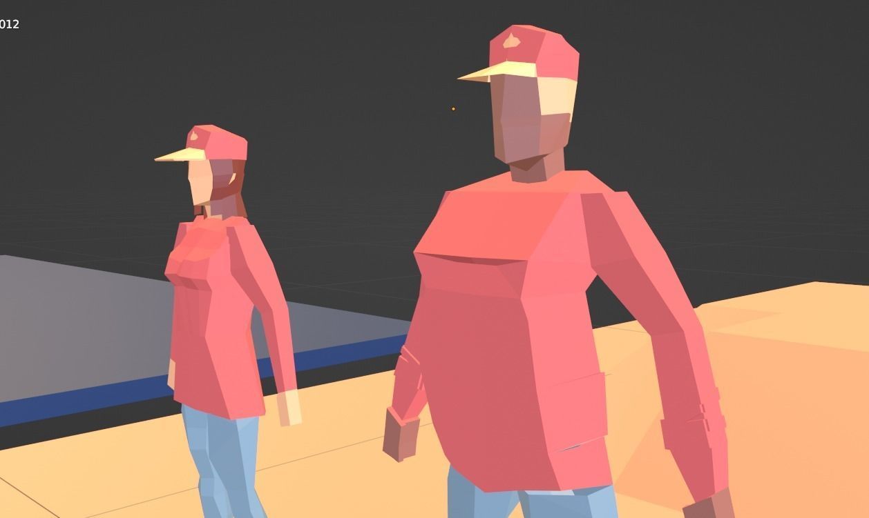 Pizza Employees and Restaurant Low Poly Flat Retro Style 3D model_2
