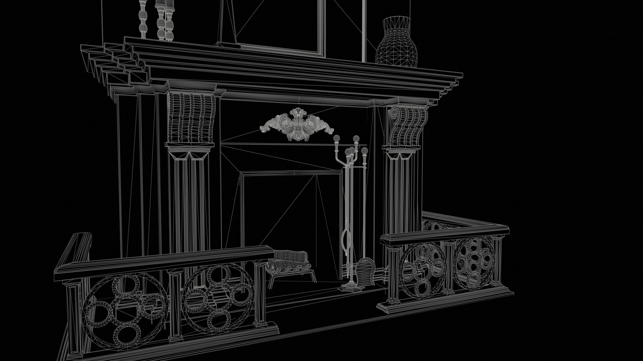 Wooden Study Fireplace  Low-poly 3D model_8