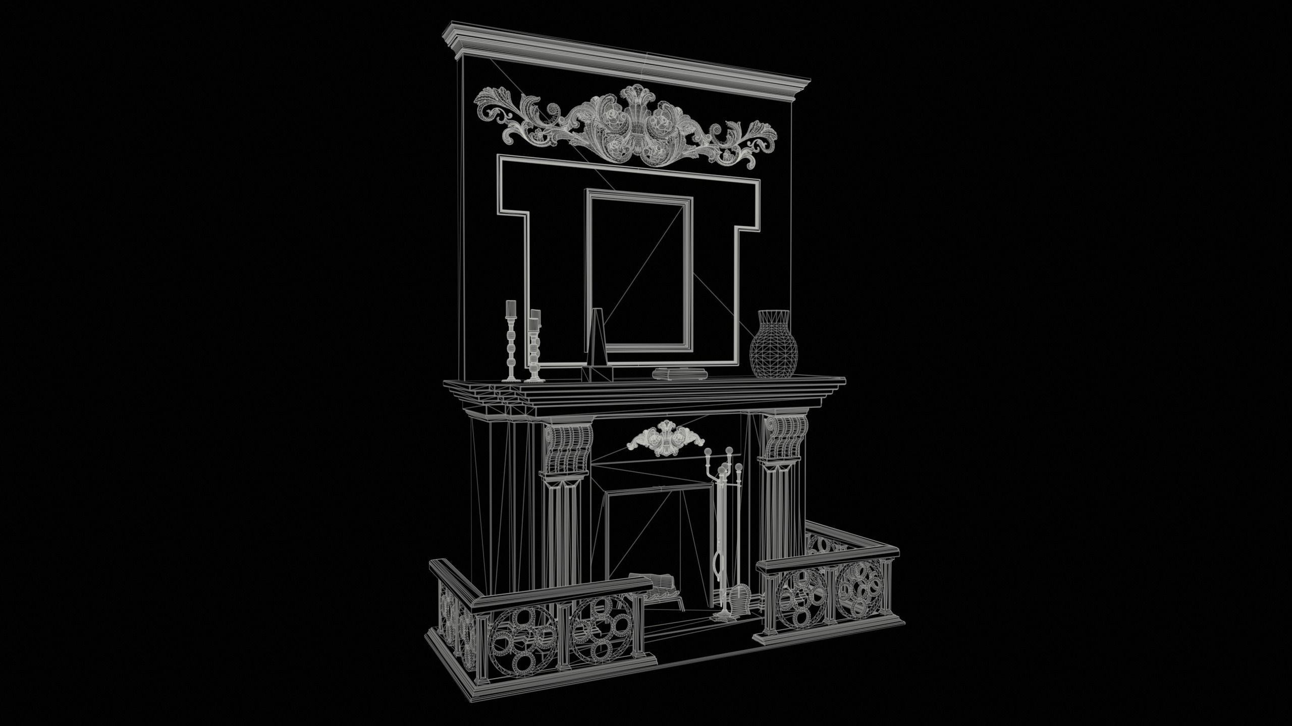 Wooden Study Fireplace  Low-poly 3D model_2
