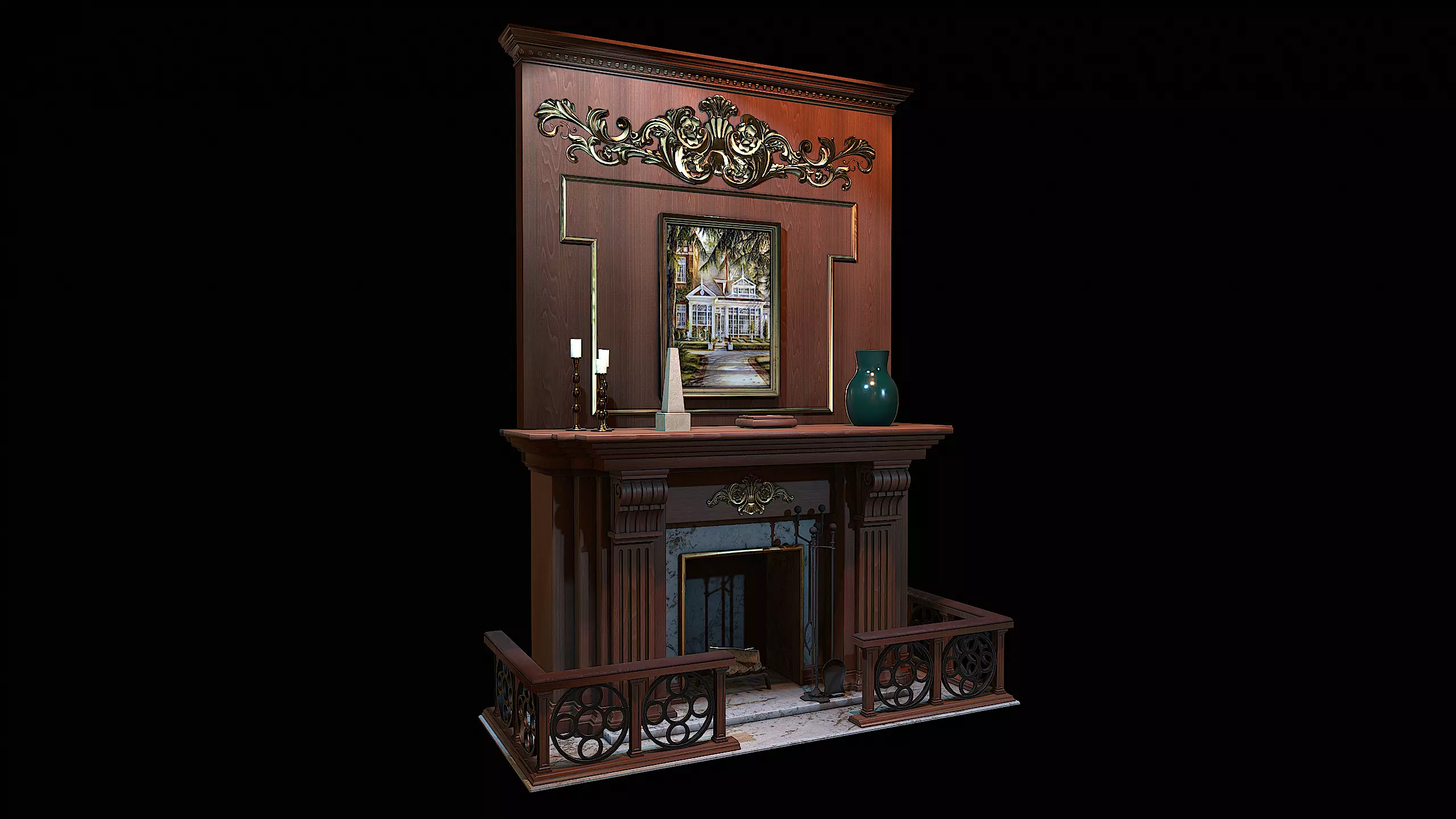 Wooden Study Fireplace  Low-poly 3D model_0