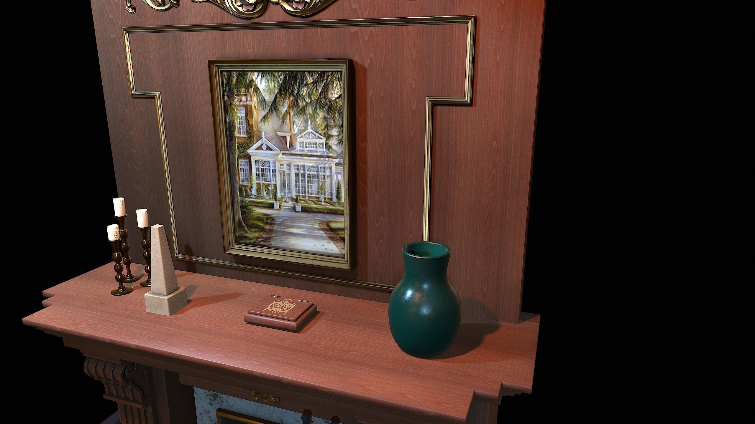 Wooden Study Fireplace  Low-poly 3D model_5