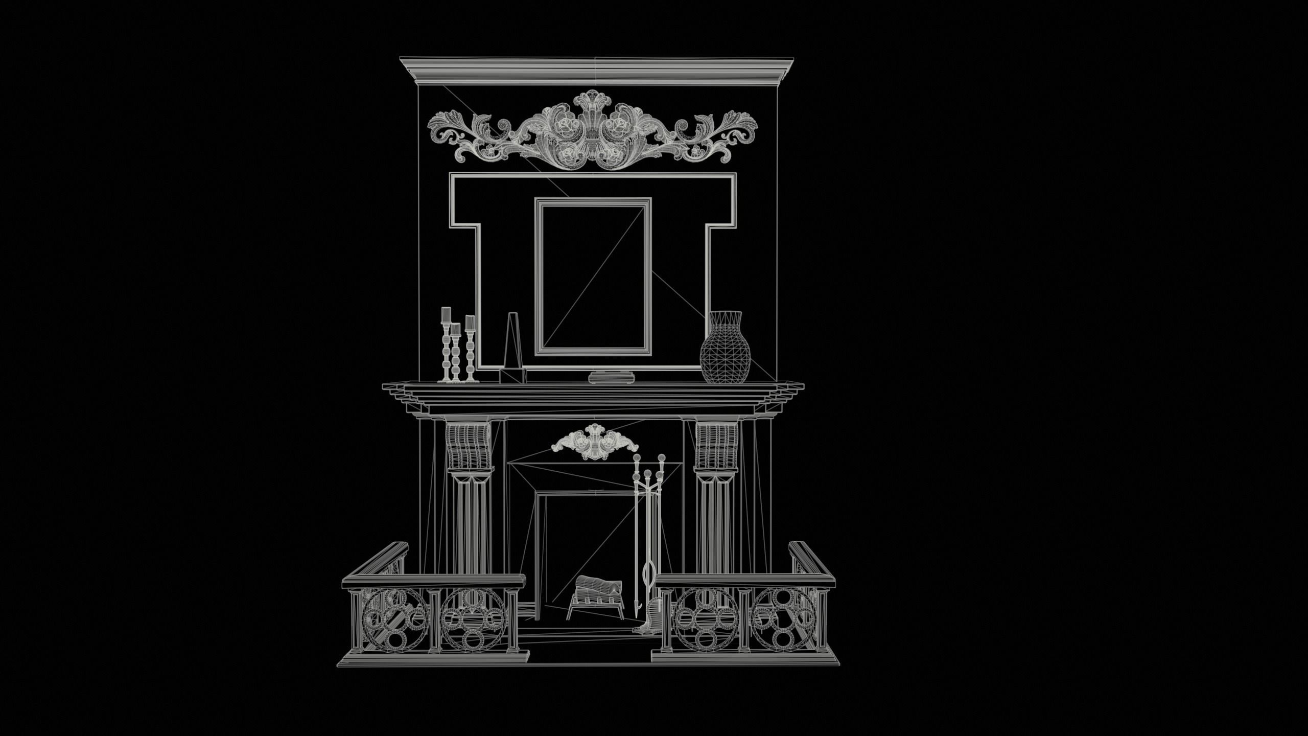 Wooden Study Fireplace  Low-poly 3D model_4