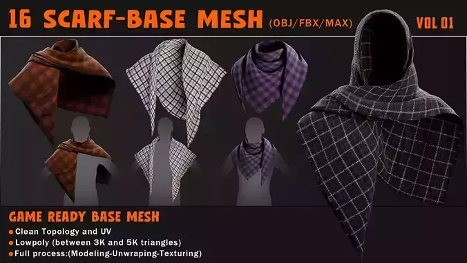 16 SCARF-GAME READY BASE MESH---OBJ-FBX-MAX- Low-poly 3D model