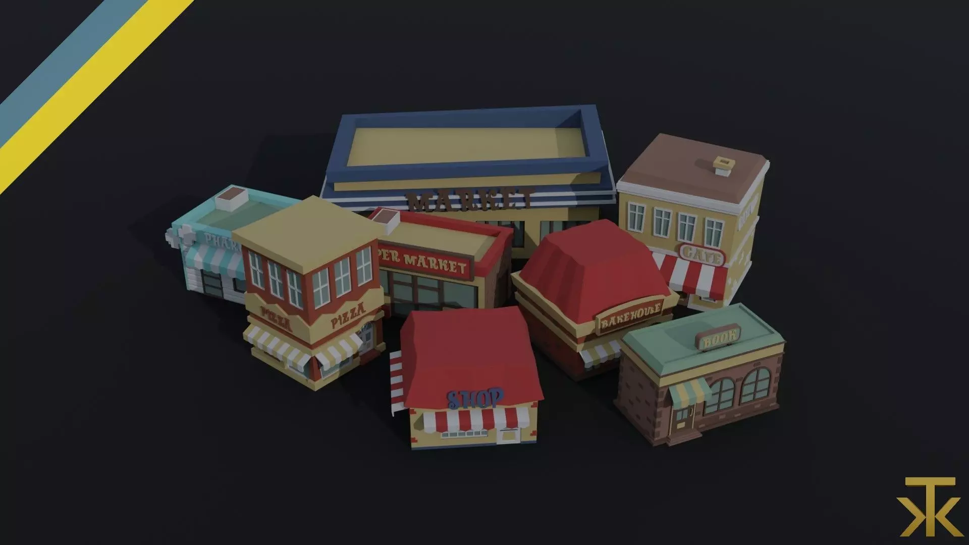 Cartoon shops Polygonal Style Low-poly 3D model_0