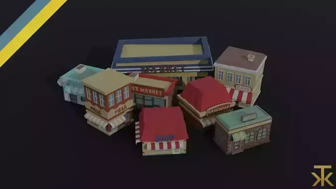 Cartoon shops Polygonal Style Low-poly 3D model