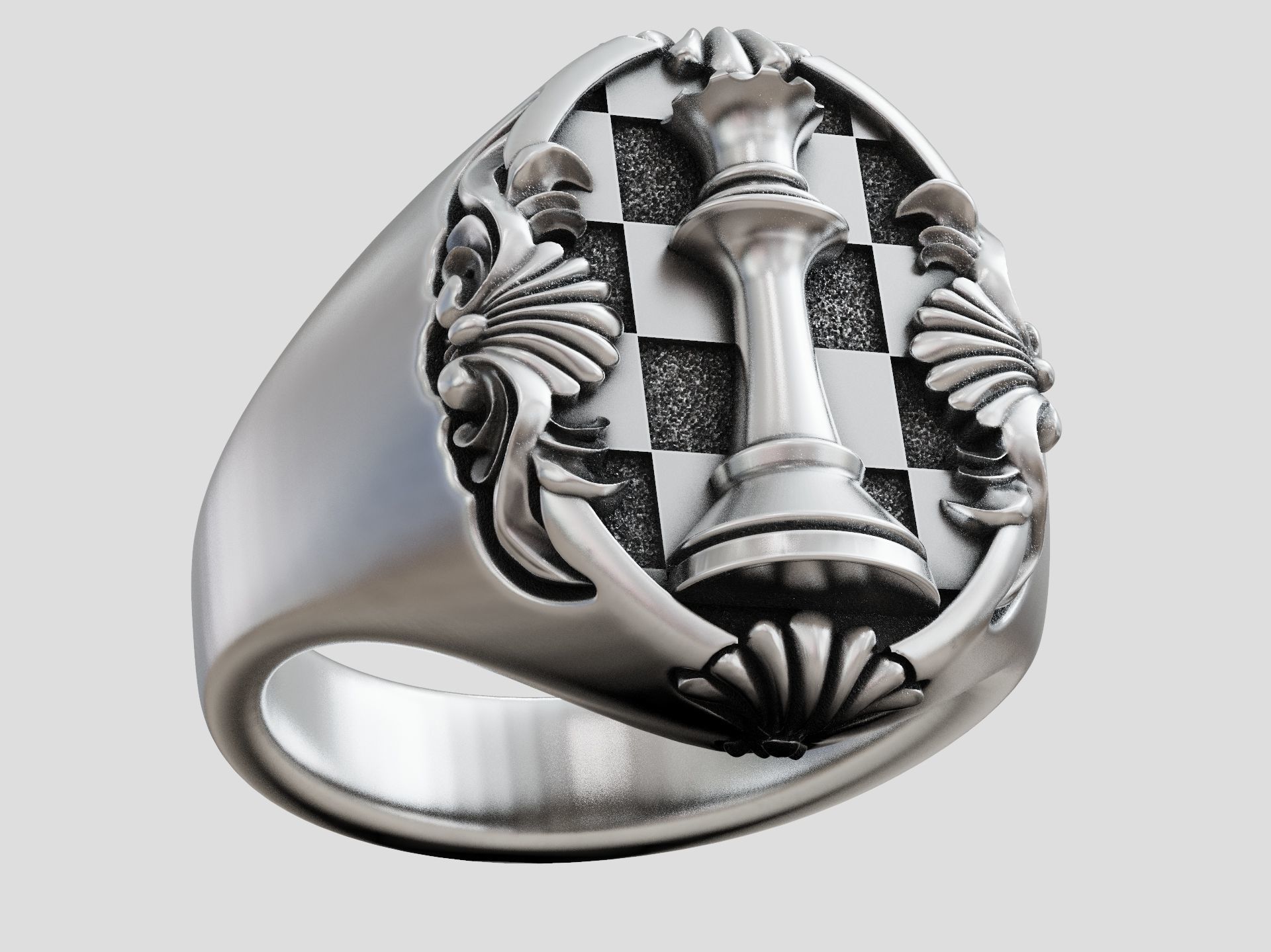 Chess Queen Ring floral scrolls 3D print model_8