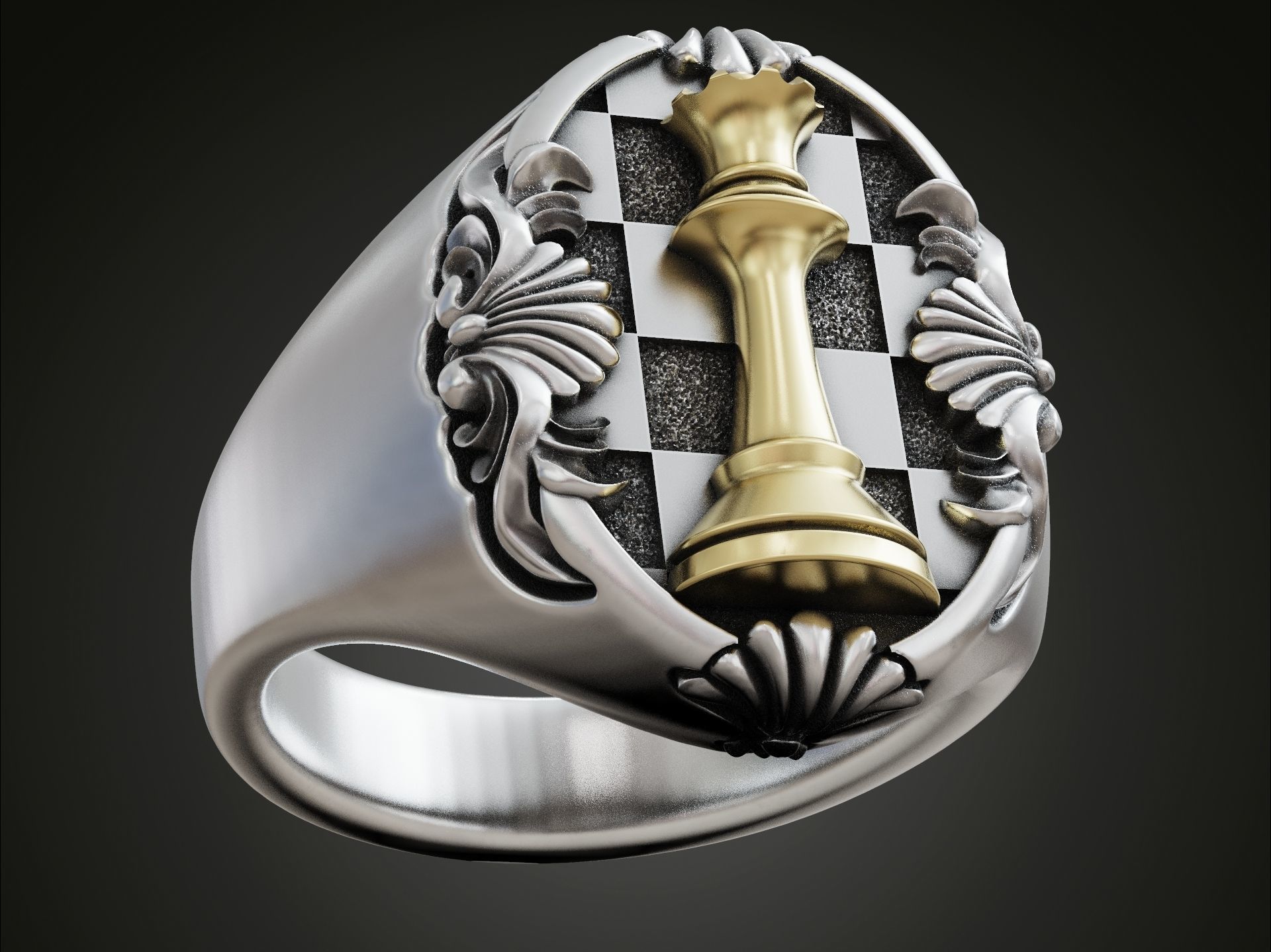 Chess Queen Ring floral scrolls 3D print model_1