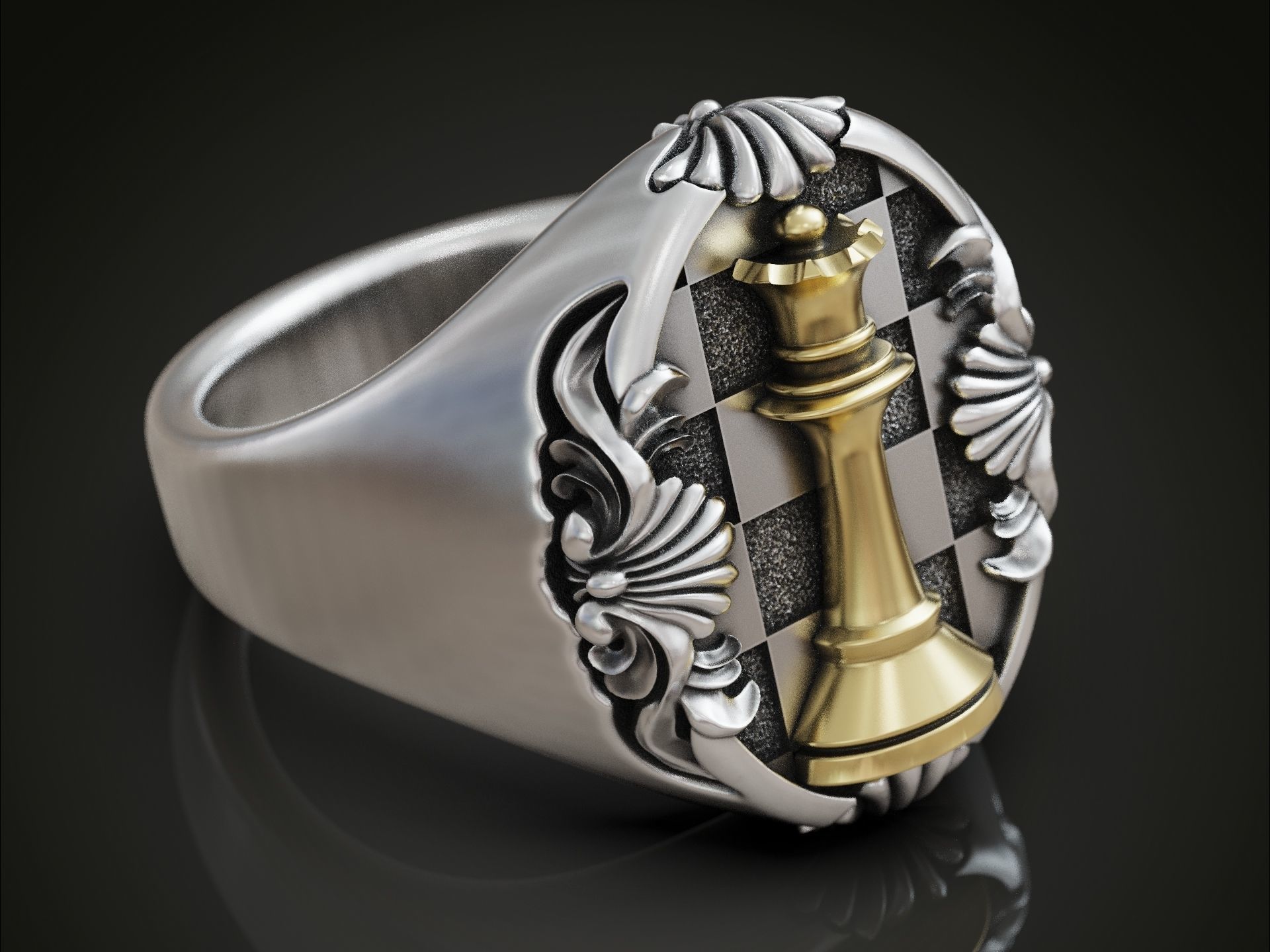 Chess Queen Ring floral scrolls 3D print model_14