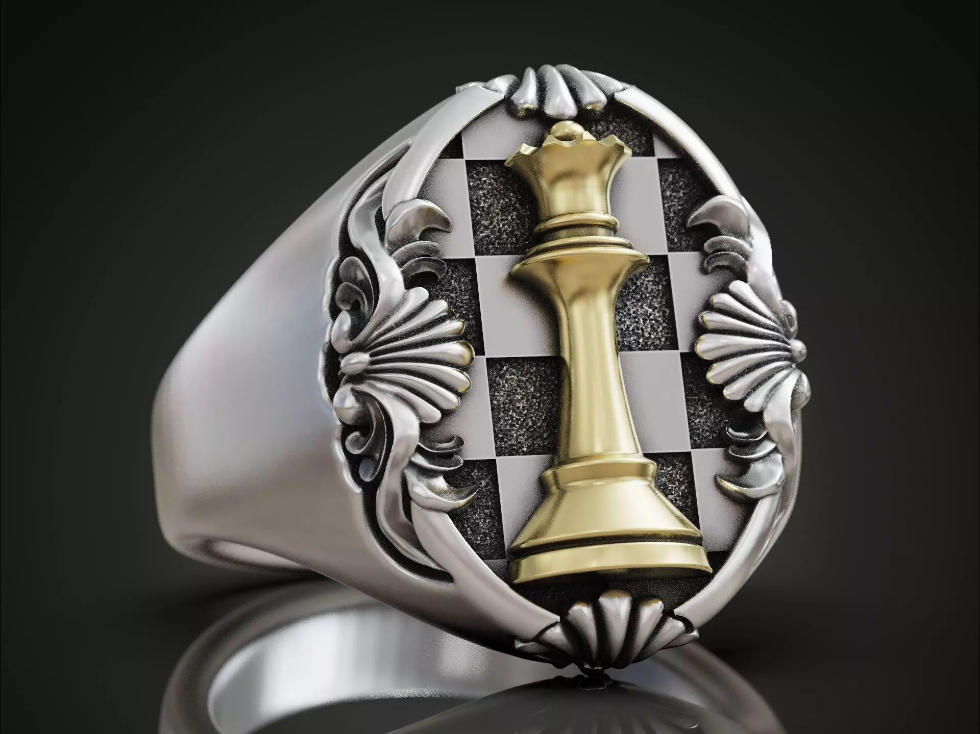 Chess Queen Ring floral scrolls 3D print model_0