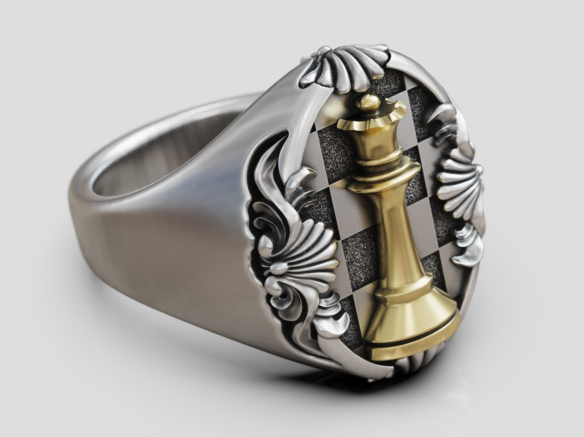 Chess Queen Ring floral scrolls 3D print model_6
