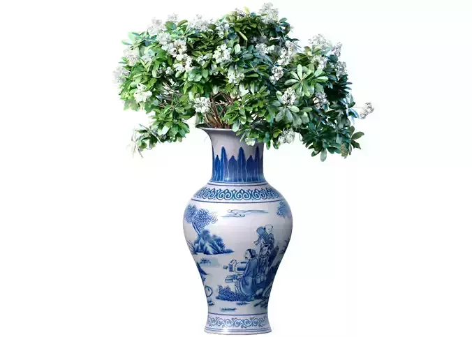 Bouquet of white flowers in a Chinese vase a pot for decoration