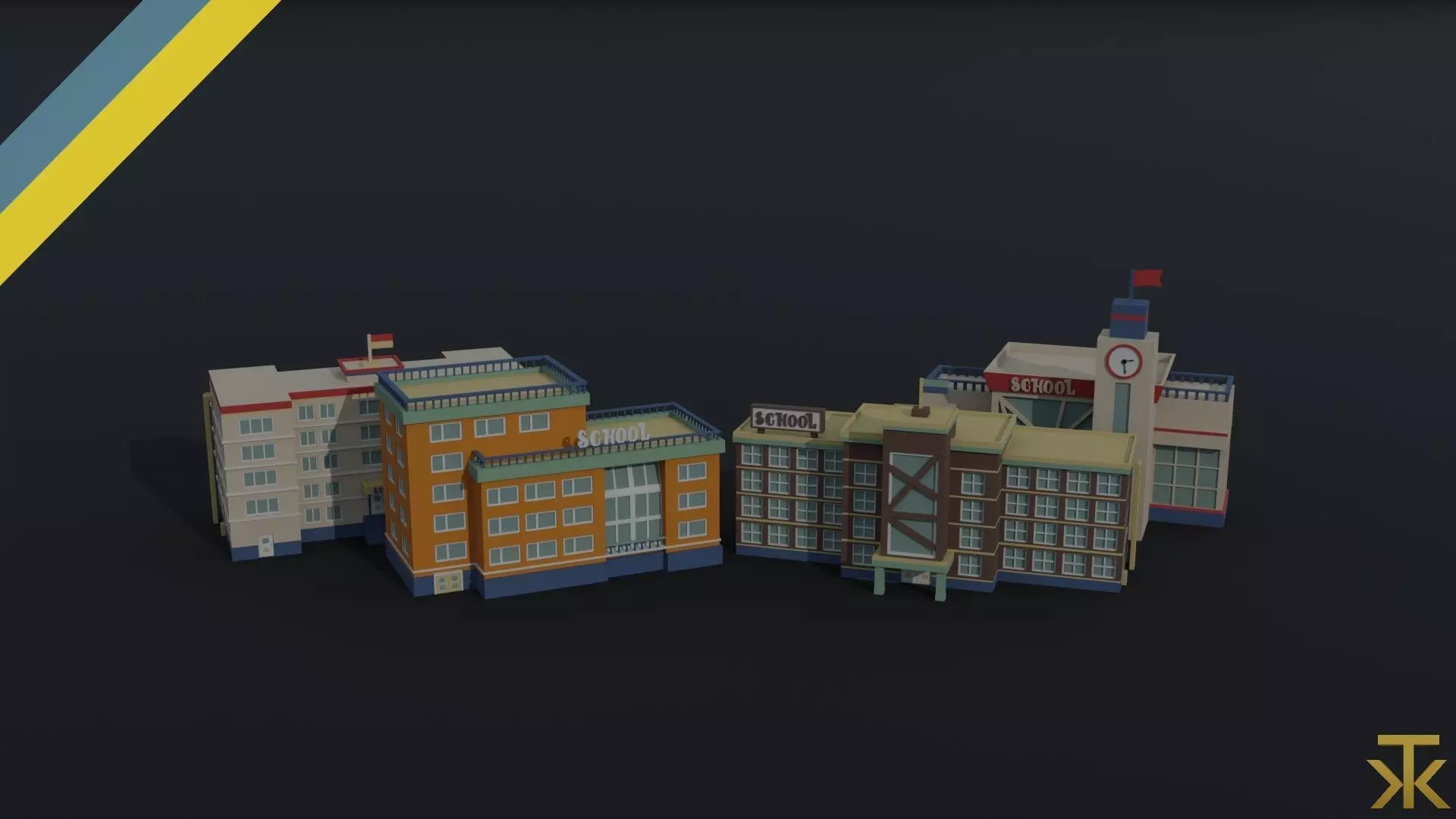 Cartoon Schools Polygonal Style Low-poly 3D model_0