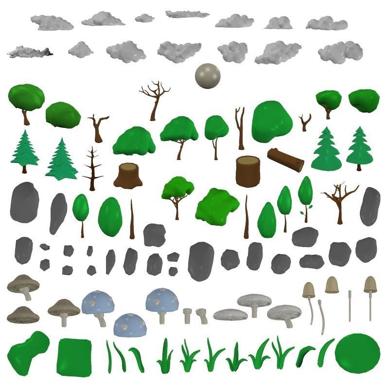 LowPoly Nature Asset Pack Trees Grass and Rocks for AR VR Games Low-poly 3D model_1