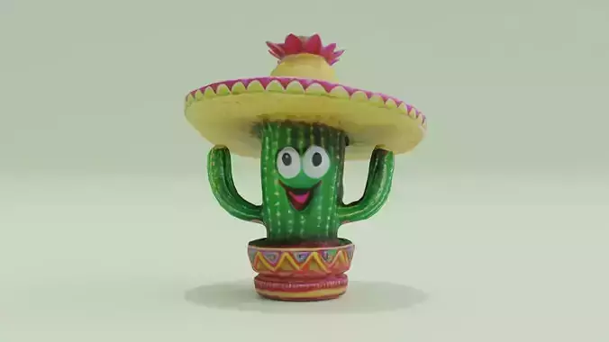 Cactus Flower Cartoon Wearing a Sombrero Hat Low High Poly