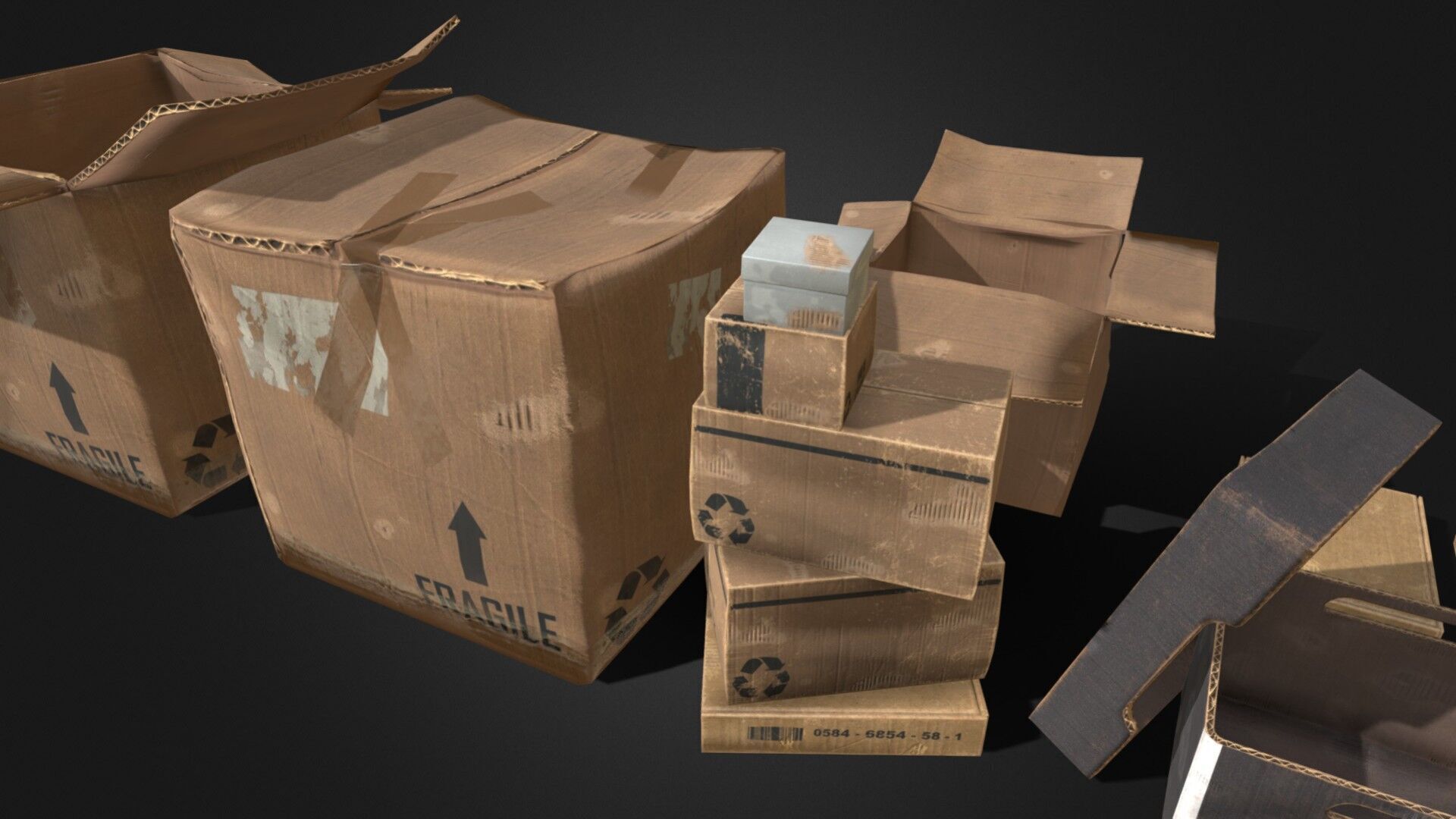 Old Cardboard Box Collection 9 Components Low-poly 3D model_1