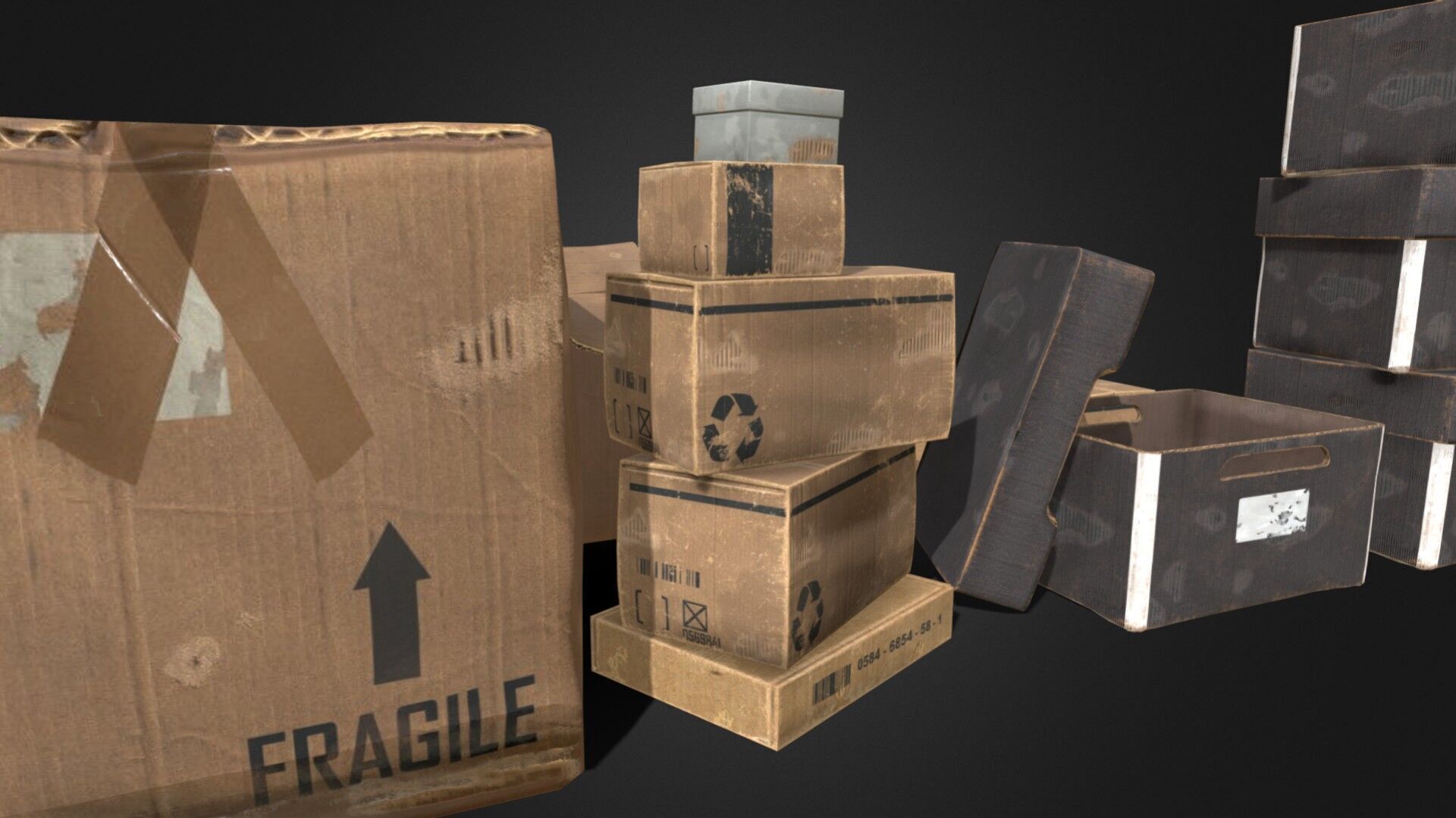 Old Cardboard Box Collection 9 Components Low-poly 3D model_4