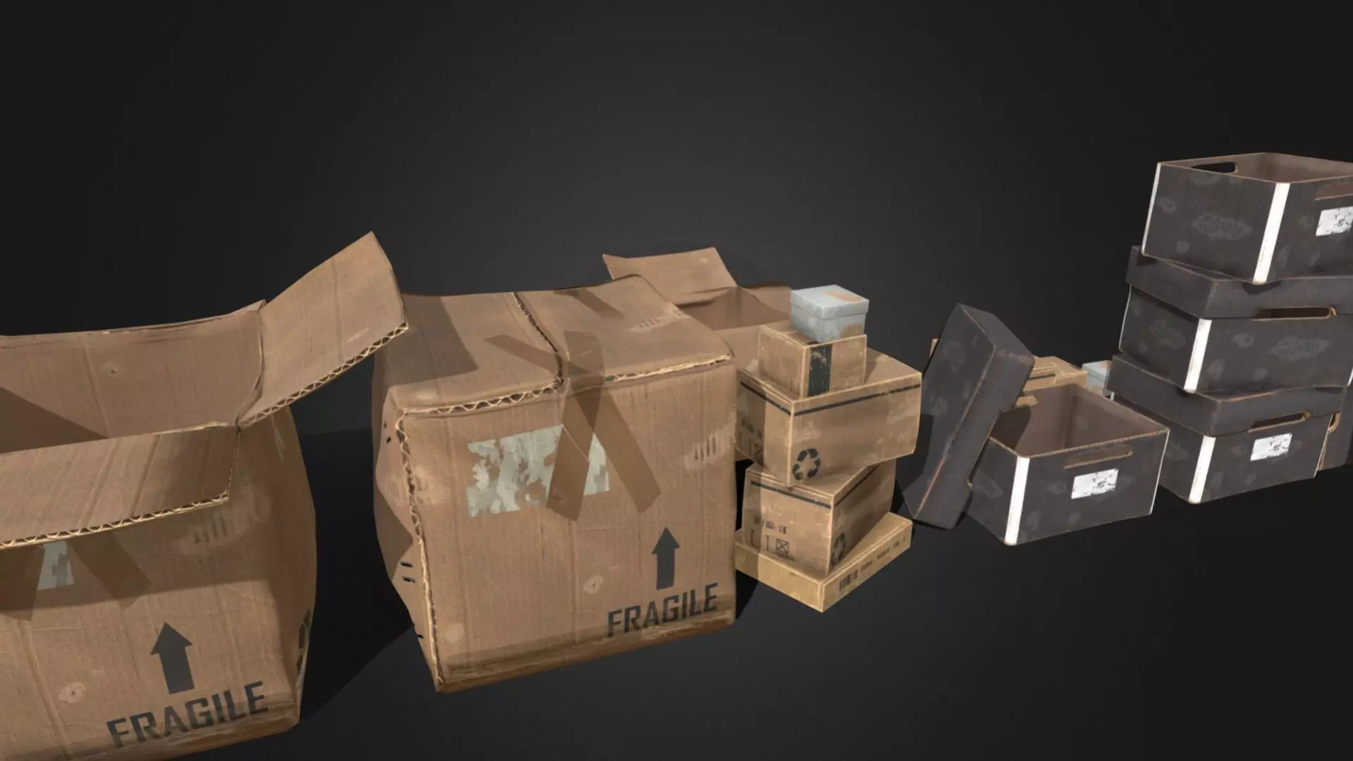 Old Cardboard Box Collection 9 Components Low-poly 3D model_0