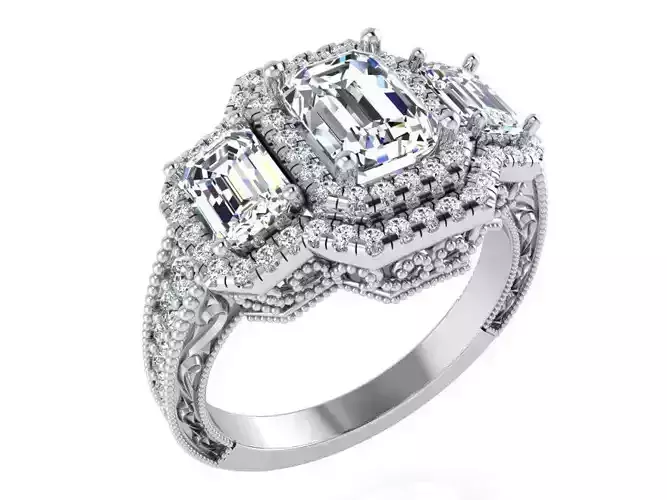 3 Stone Emerald Halo Ring 3156