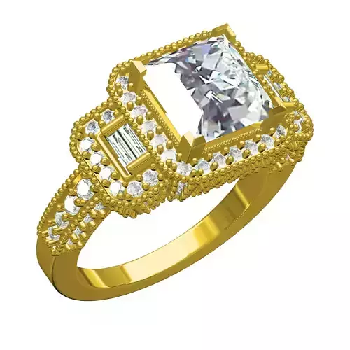 Princess Diamond Three Stone Halo Diamond Art Deco Ring