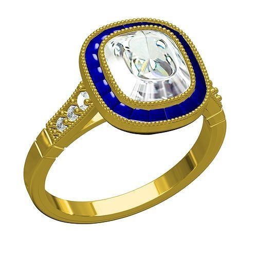 Cushion Stone Sapphire Baguette Halo Art Deco Ring 3D print model