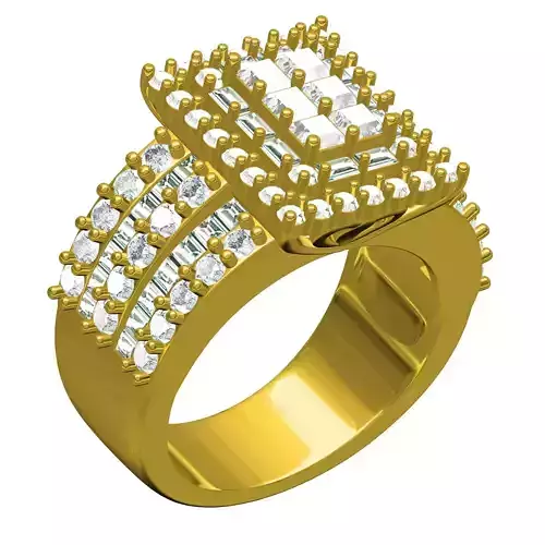  Round and Baguette Diamond Square Cluster Engagement Ring