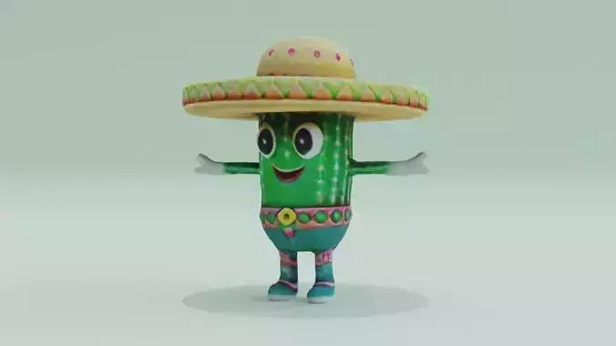 Cactus with sombrero T-Pose Low High Poly