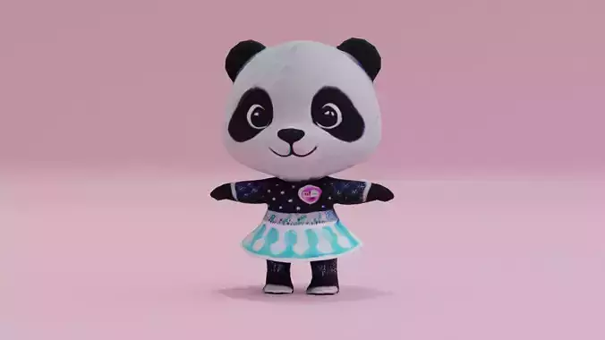 Panda in dress baby T-pose Low High Poly Character
