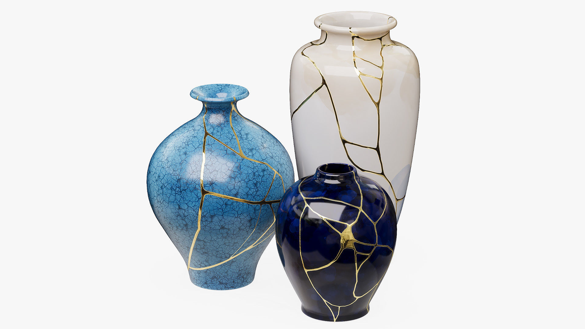 Set of blue Kintsugi vases 3D model_2