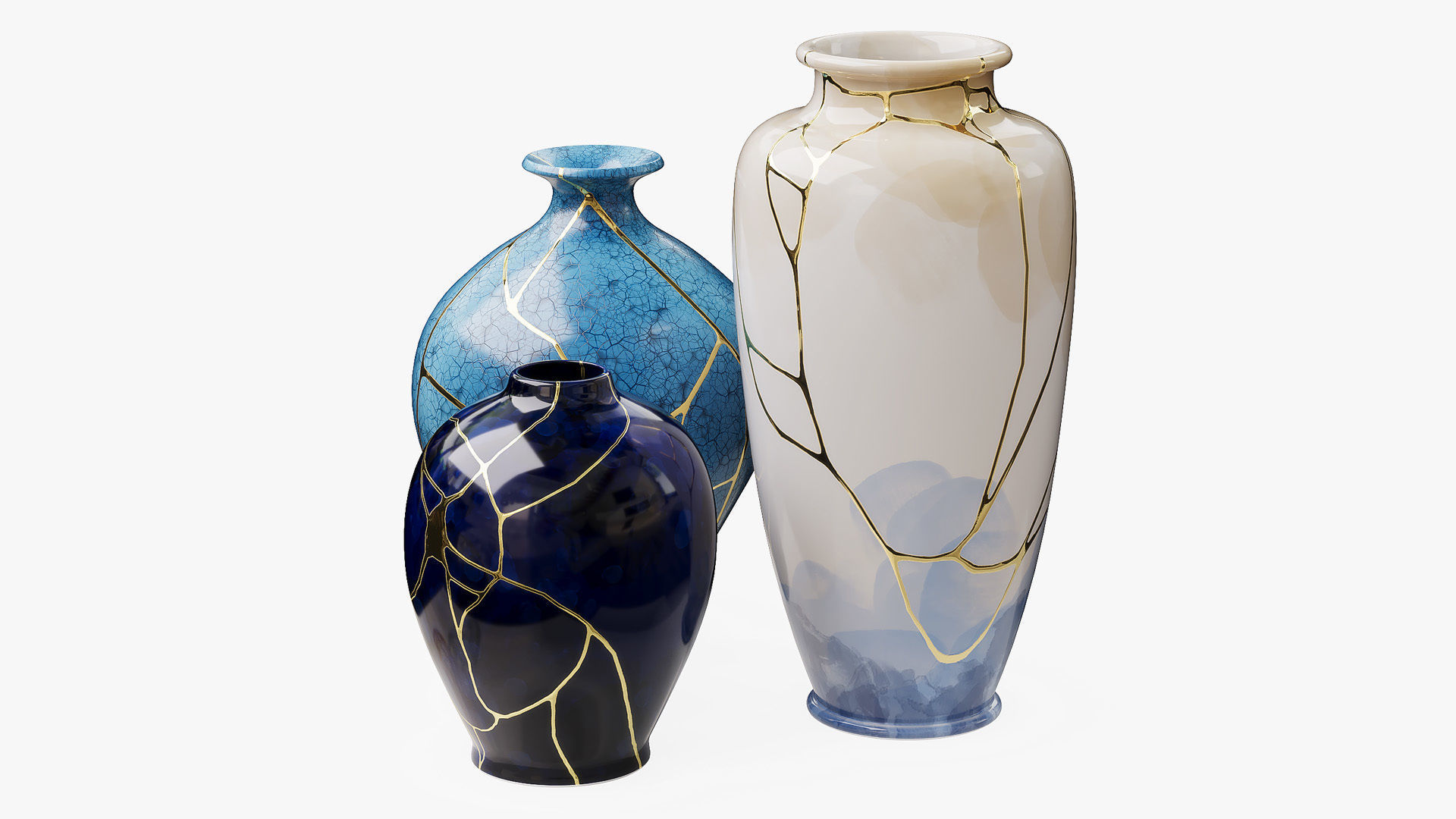 Set of blue Kintsugi vases 3D model_1