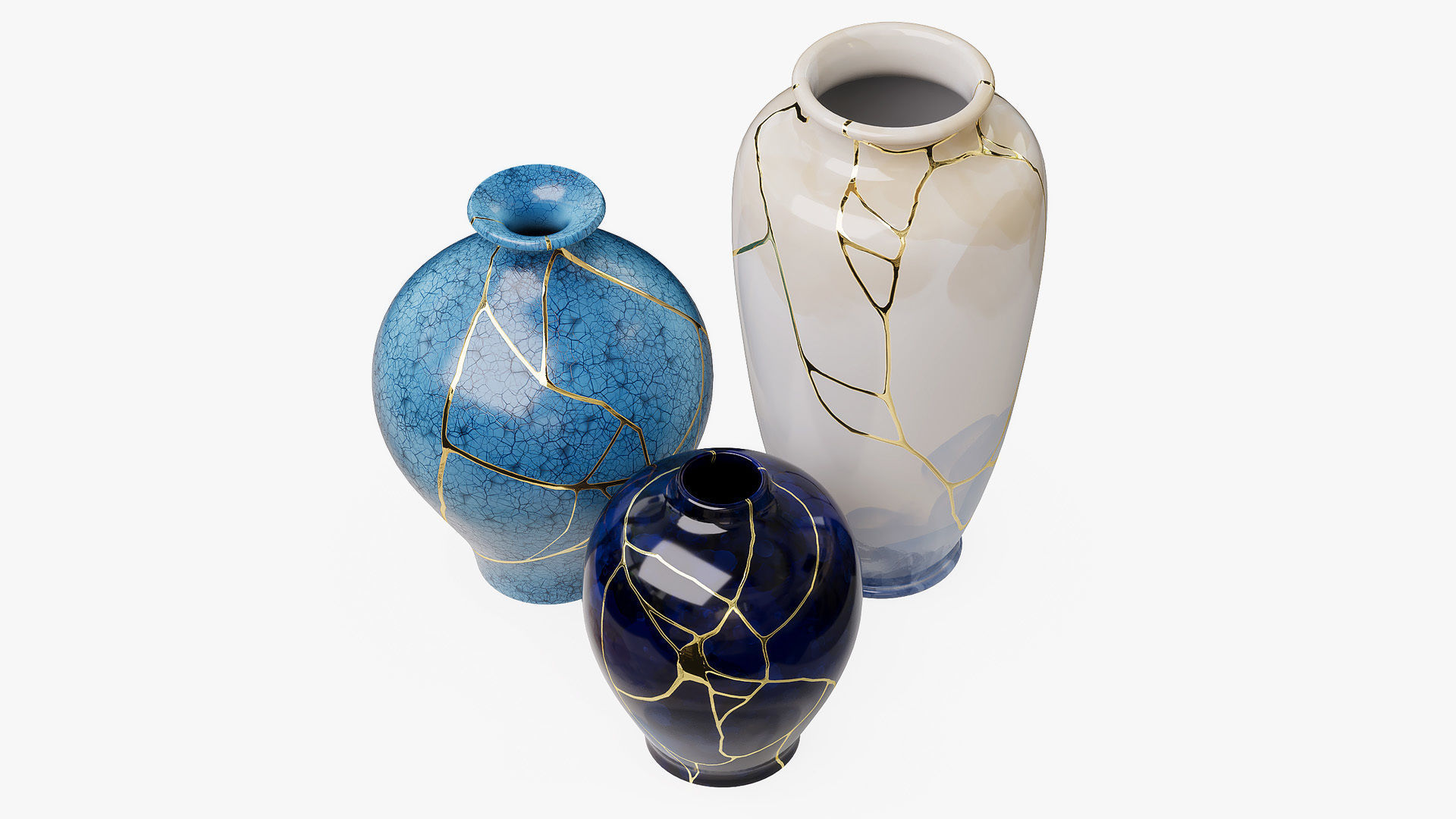 Set of blue Kintsugi vases 3D model_3