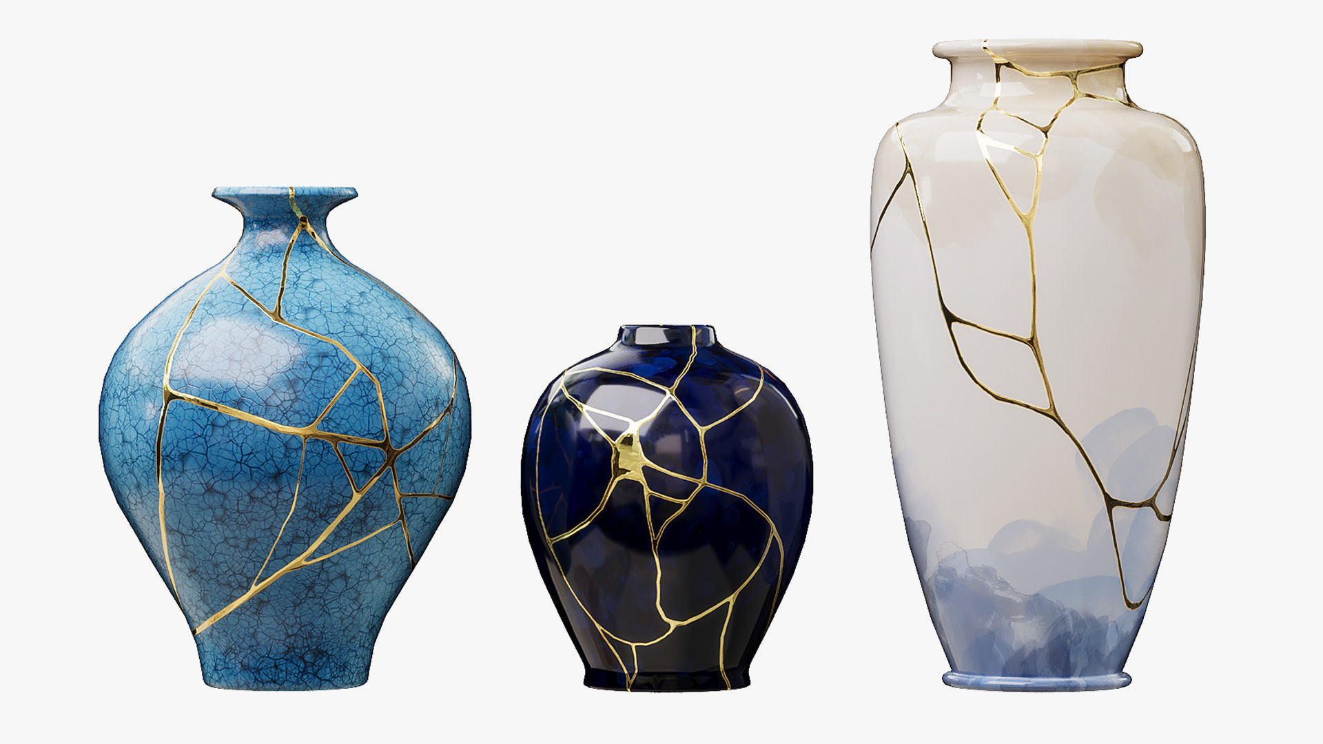 Set of blue Kintsugi vases 3D model_4