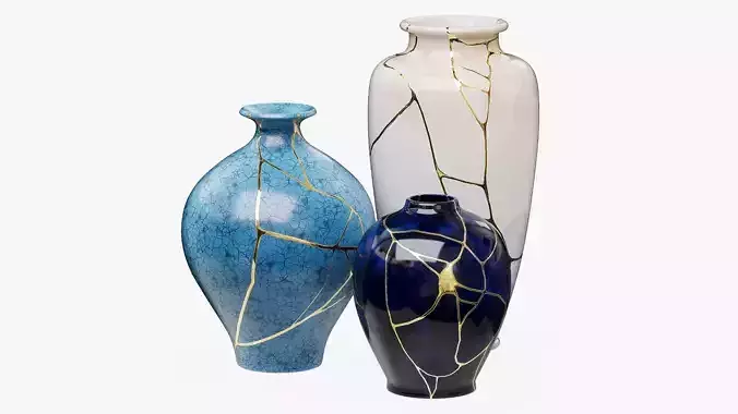 Set of blue Kintsugi vases