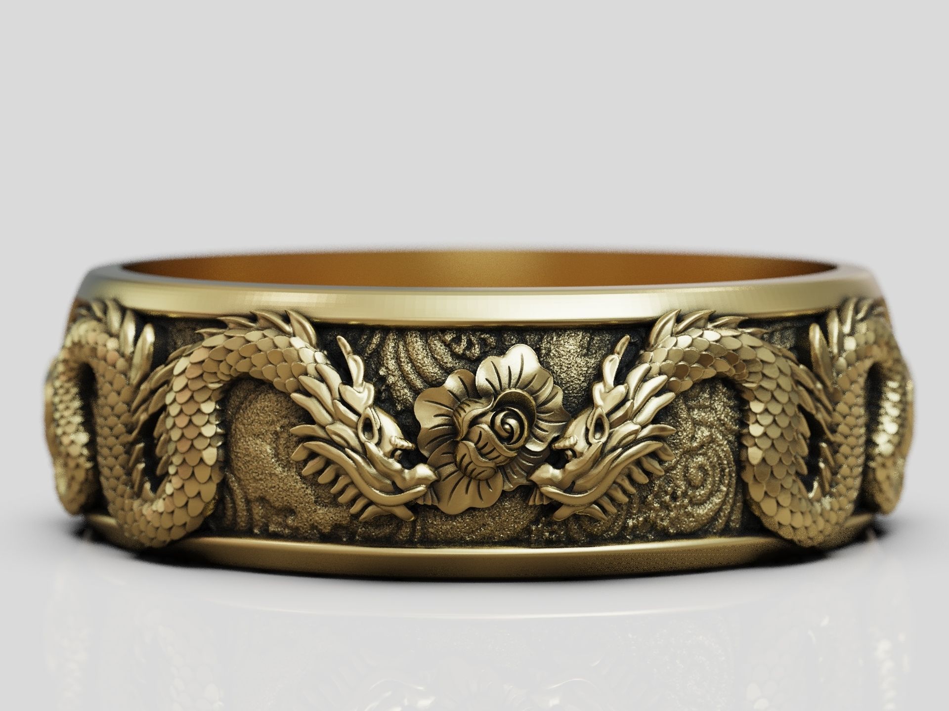 Dragons flower oriental band ring 3D print model_5