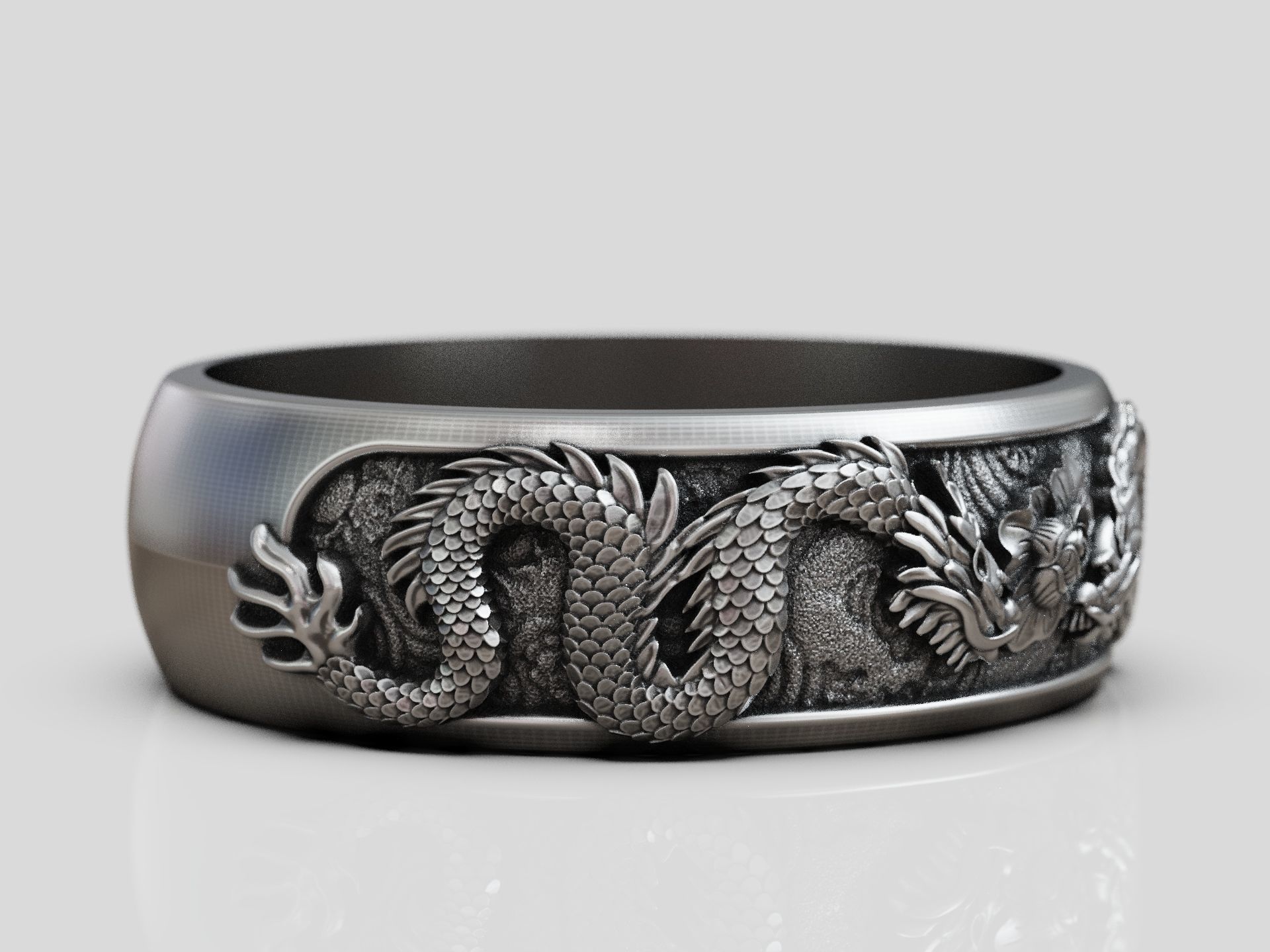 Dragons flower oriental band ring 3D print model_6