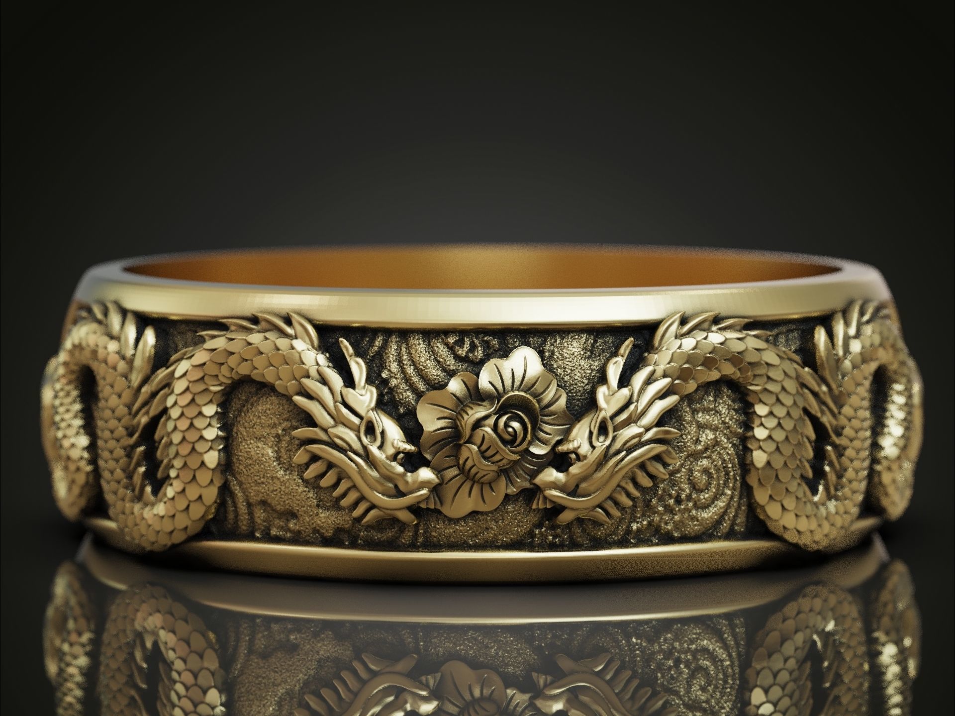 Dragons flower oriental band ring 3D print model_1