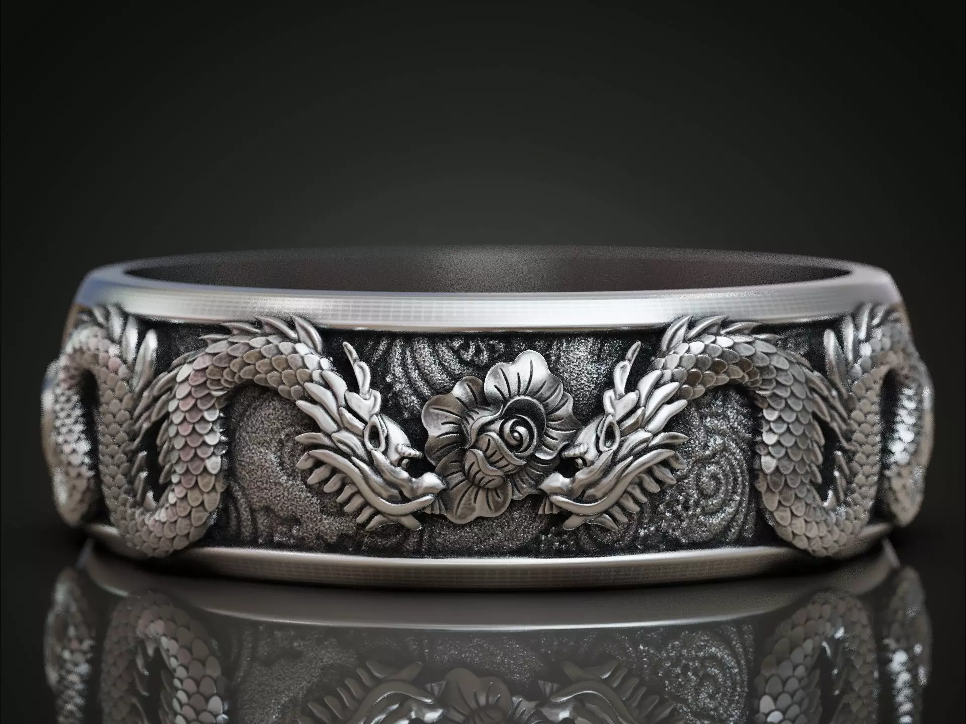 Dragons flower oriental band ring 3D print model_0