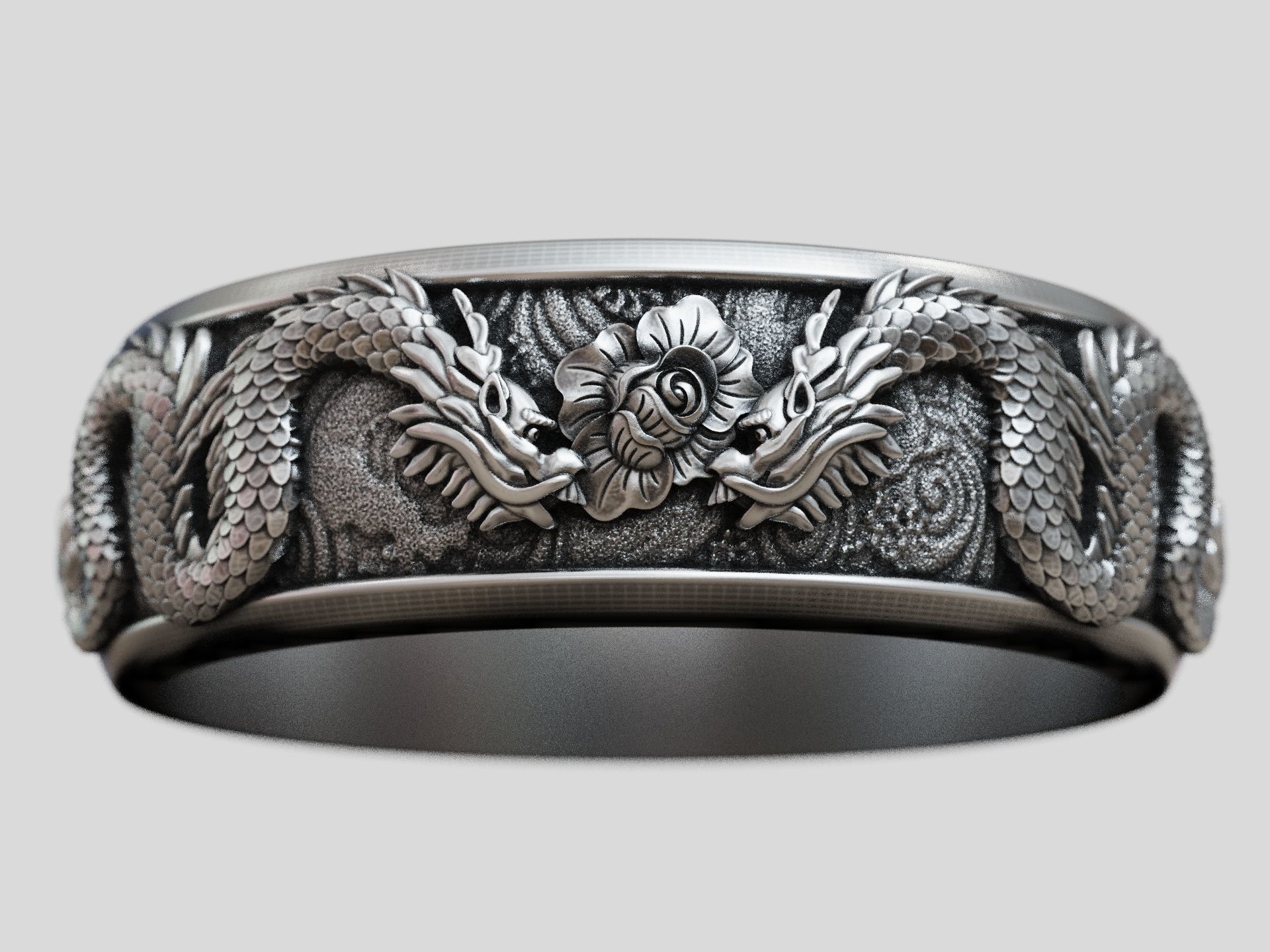 Dragons flower oriental band ring 3D print model_2