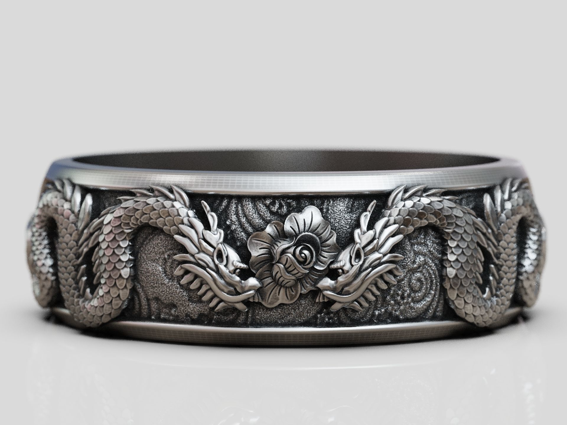Dragons flower oriental band ring 3D print model_4