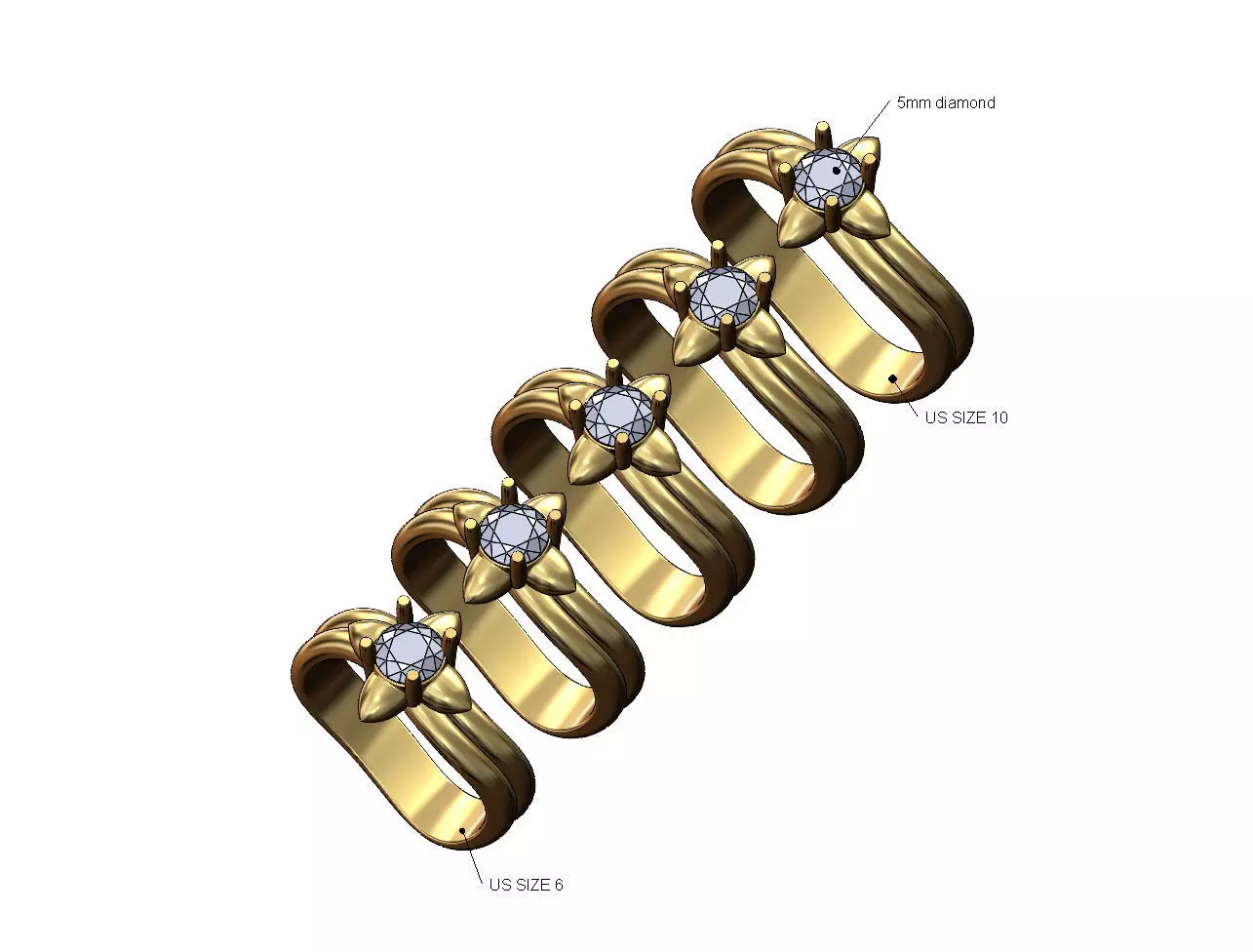 Spiked double curved 5mm diamond solitaire ring 3D print model