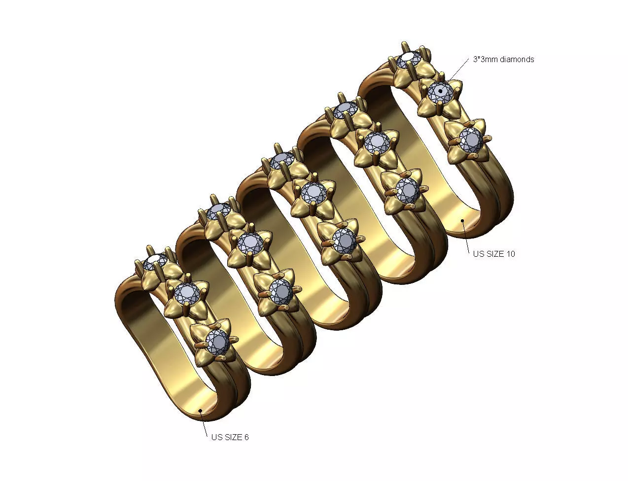 Diamond spiked double curved ring US sizes 6to10 3D print model