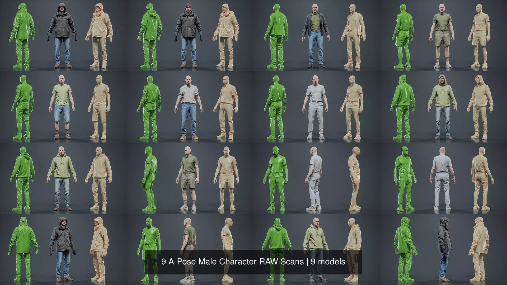 9 A-Pose Male Character RAW Scans 3D Model Collection_0