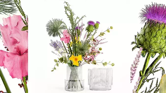 Bouquet of flowers thistle branches iris lavender barberry 376