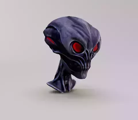 Alien metal skeleton head with red clowing eyes