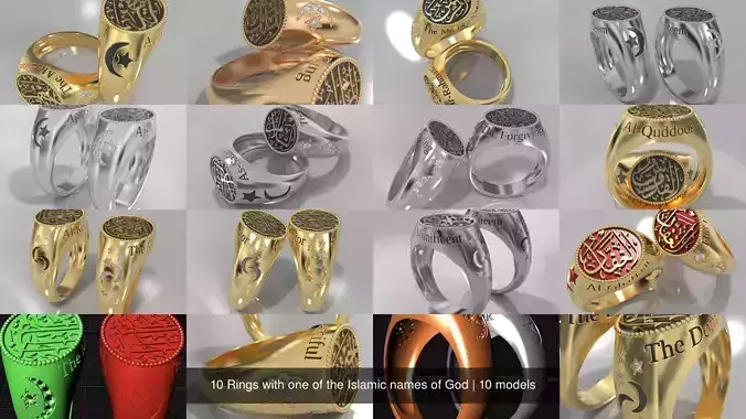 10 Rings with one of the Islamic names of God 3D Model Collection
