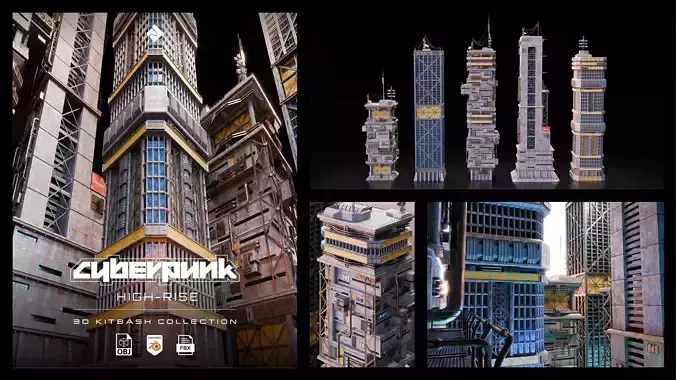 Cyberpunk High Rise - Building  Assets Blender 3D Kitbash Pack  