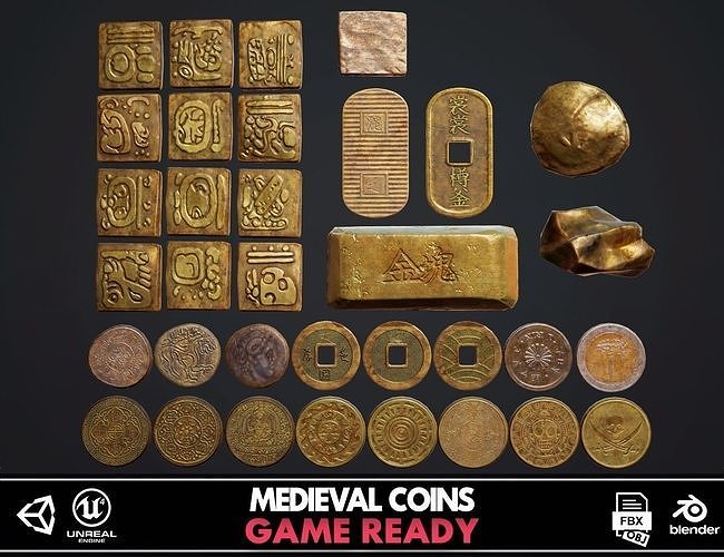 Medieval Coins - 29 items Low-poly 3D model