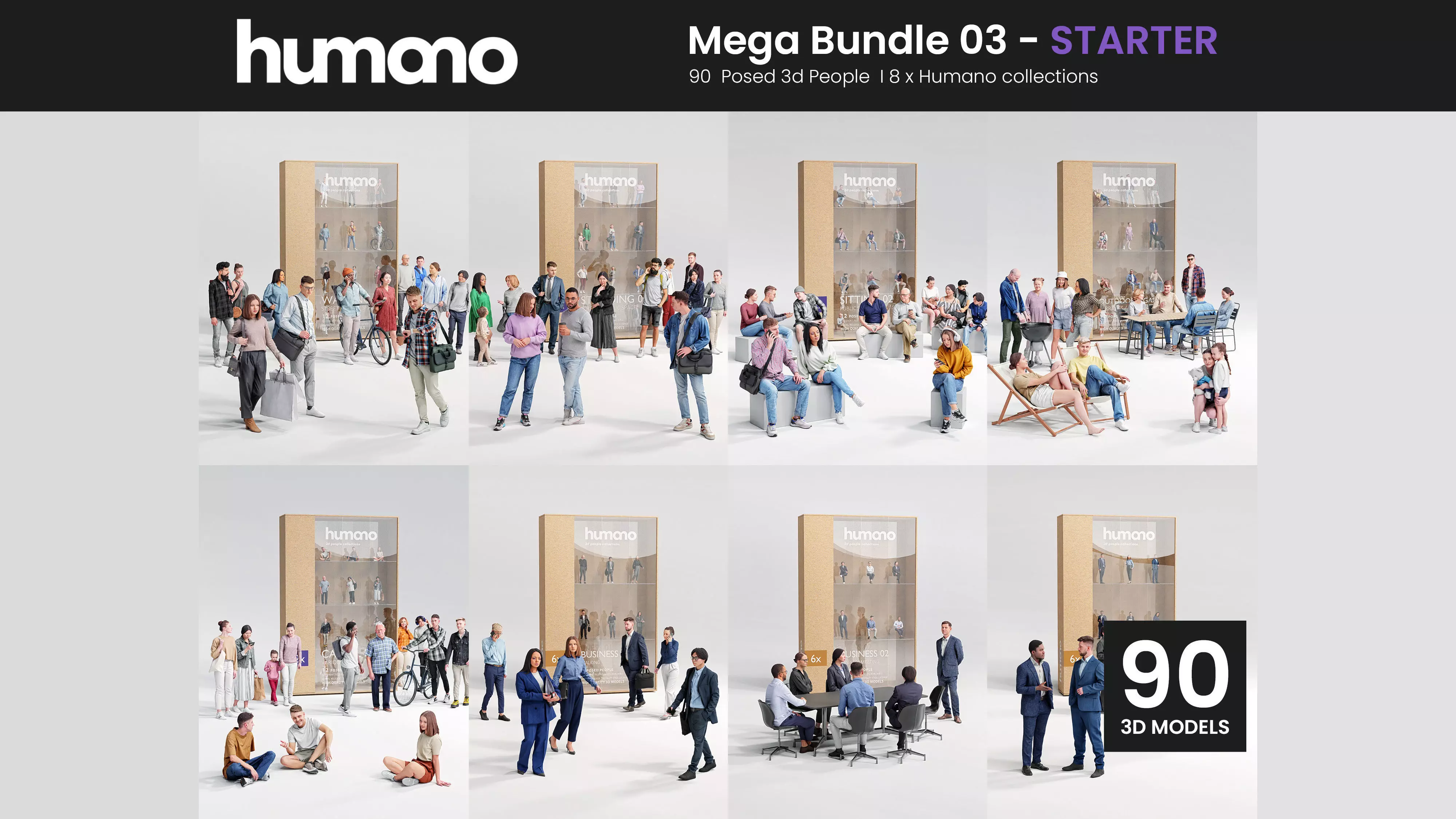Humano Mega Bundle 03 STARTER - 90 POSED MODELS 3D Model Collection_0