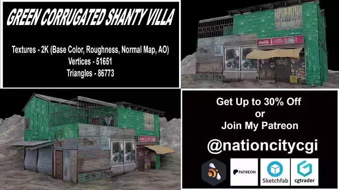 Shanty Green Shanty Villa Game-Ready Low-poly 3D model