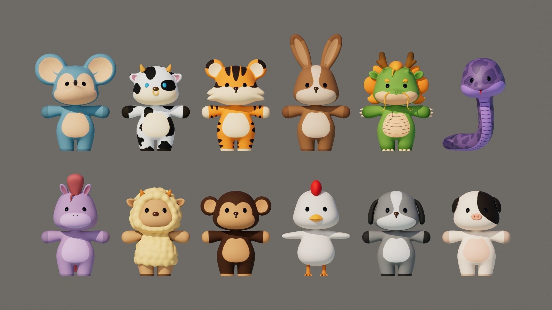 Rigged Cartoon Animals Collection Pack-001 Low-poly 3D model_2