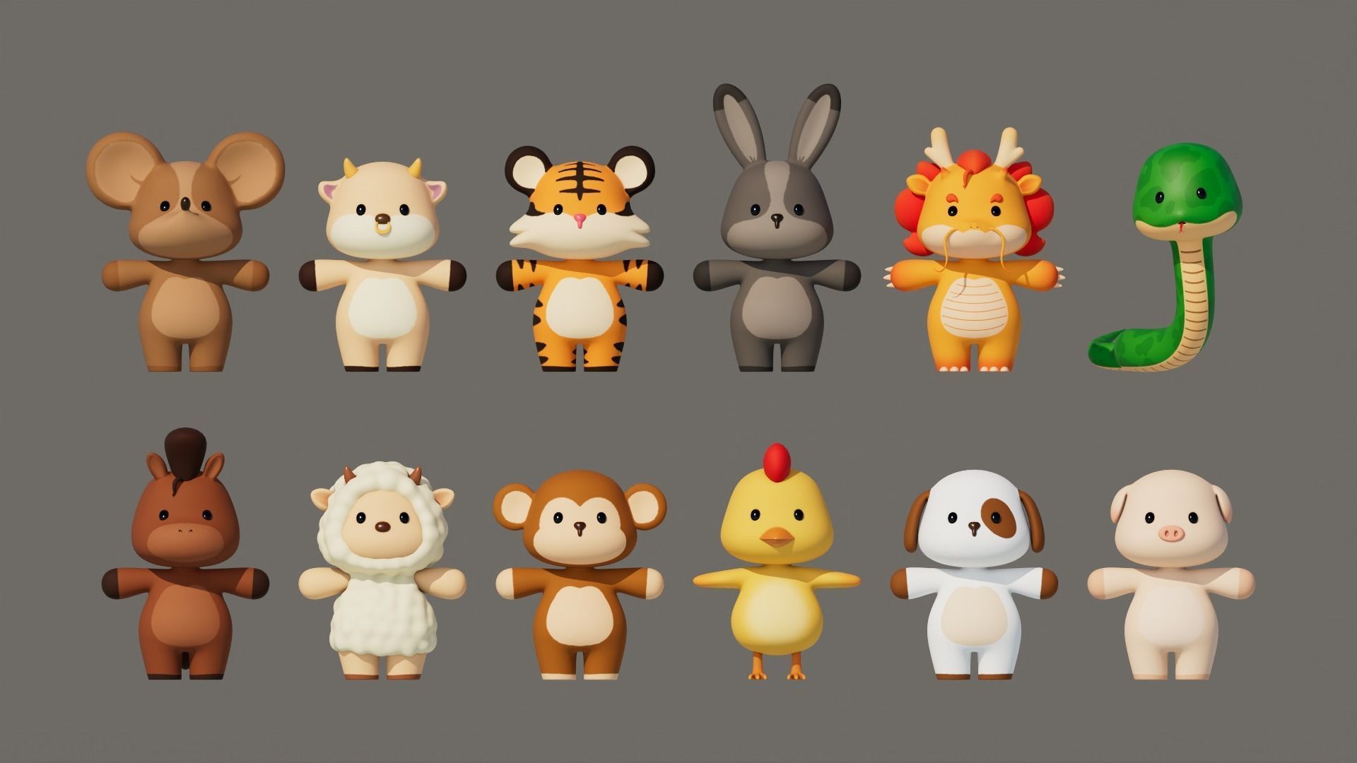 Rigged Cartoon Animals Collection Pack-001 Low-poly 3D model_1